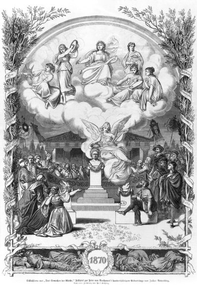 المشهد الأخير من "صحوة الفن" ، مسرحية لجوليوس رودنبيرج (1831-1914) تكريمًا لودفيج فان بيتهوفن (1770-1827) للاحتفال بالذكرى المئوية لميلاده ، 1870 (وزن الجسم pho بواسطة يوهان بول أدولف كيسلينج